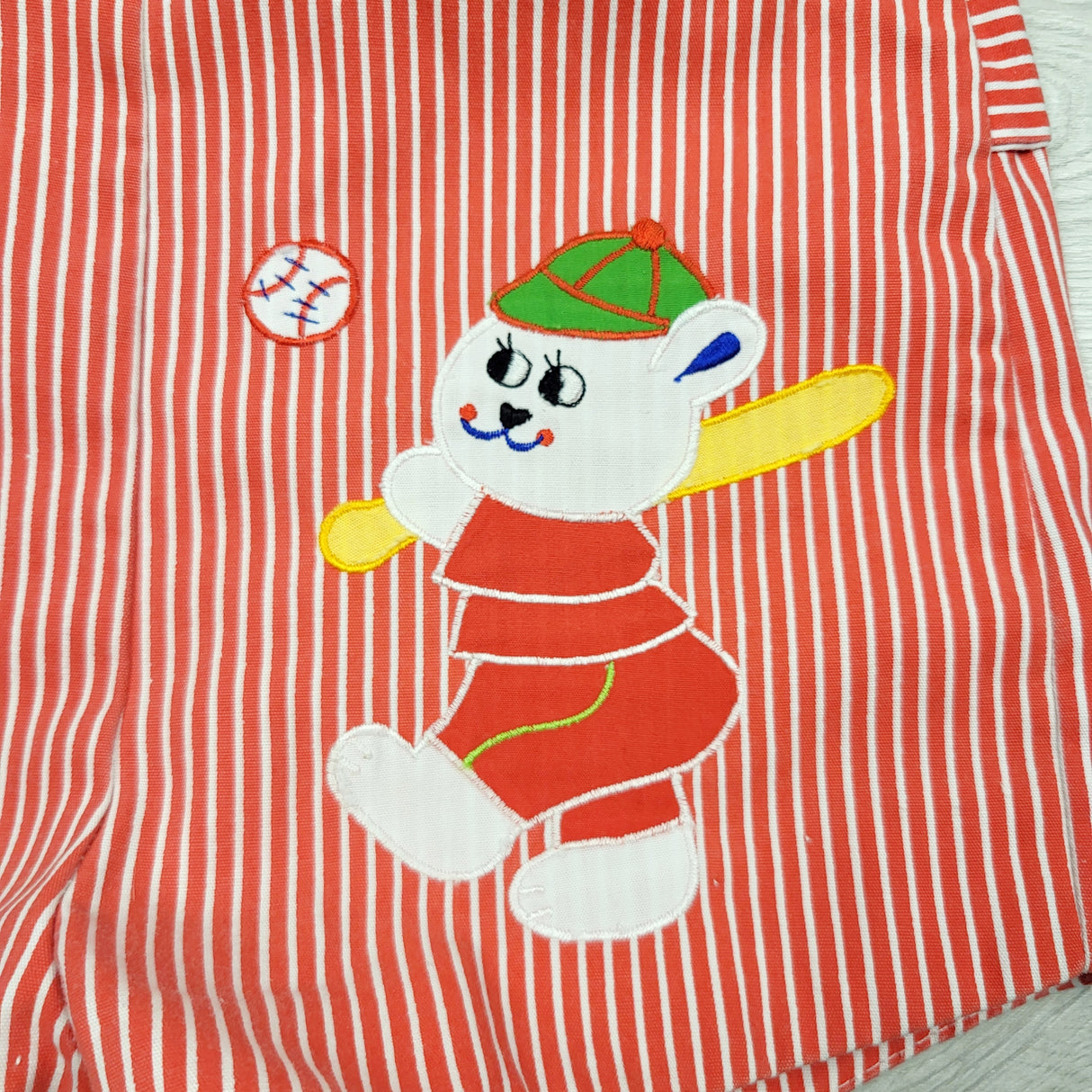 DMKY2 - Vintage Angel Wear red striped romper with baseball playing bear. Size 18 months