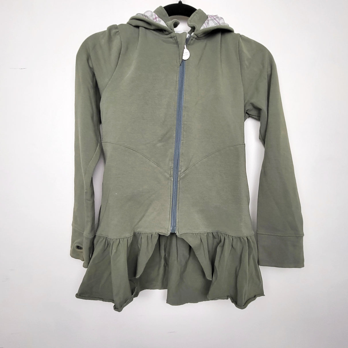 MGRE2 - Peekaboo Beans olive green zip up peplum hoodie. Size 10 🍁