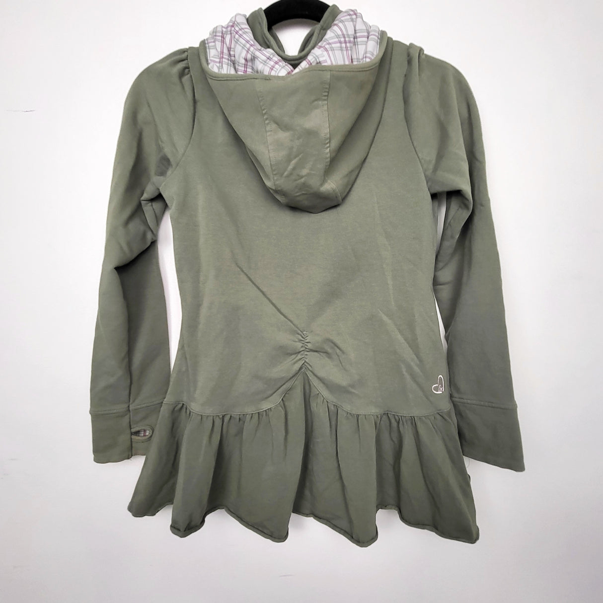 MGRE2 - Peekaboo Beans olive green zip up peplum hoodie. Size 10 🍁