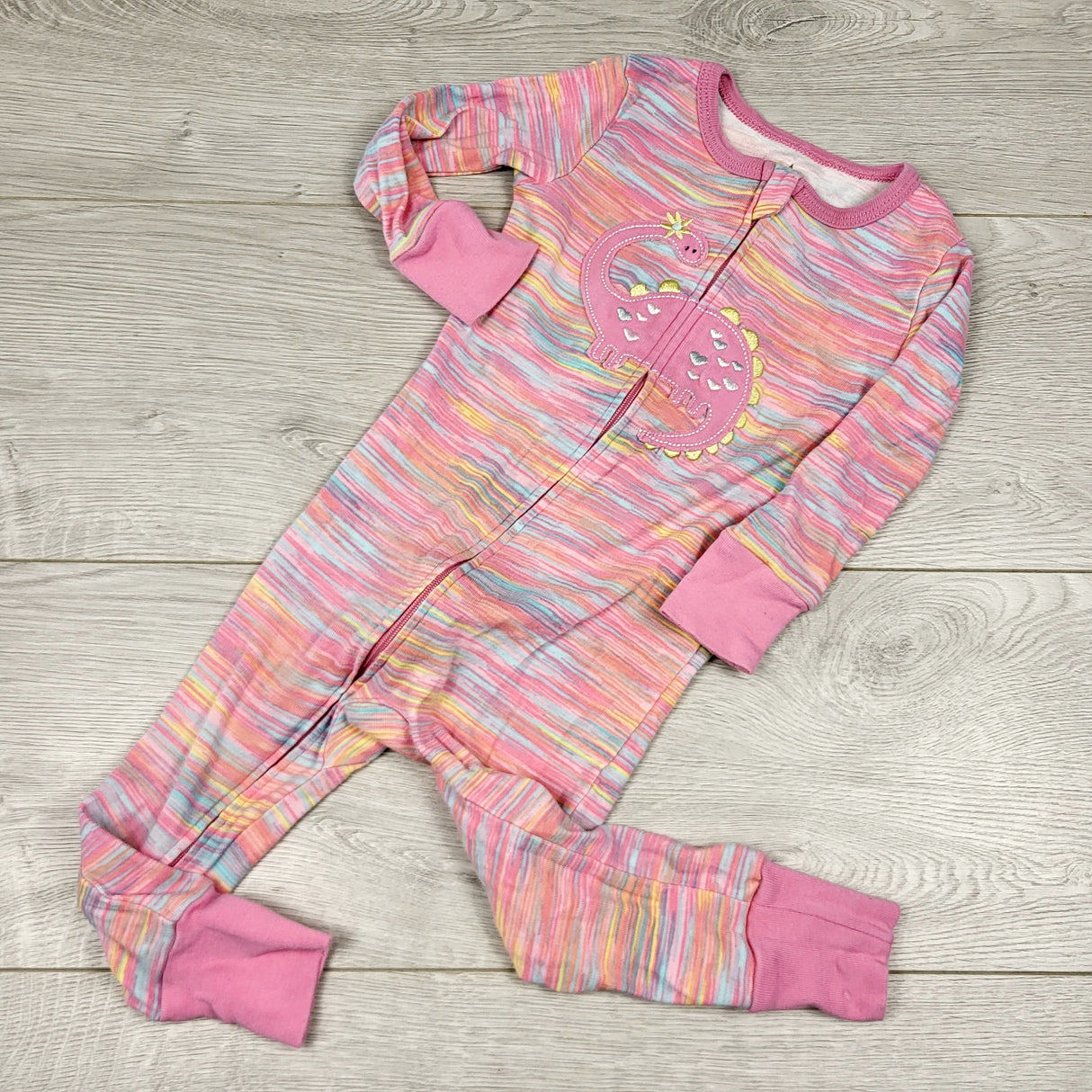 EHRS1 - Kids Headquarters pink striped zippered cotton sleeper with dinosaur. Size 18 months