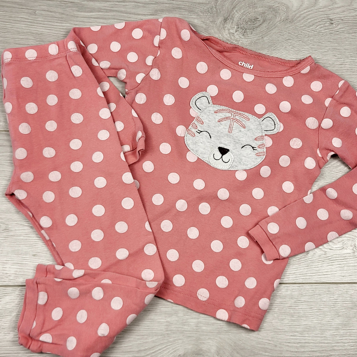 EHRS1 - Child of Mine pink polka dot 2pc cotton PJs with tigers. Size 3T