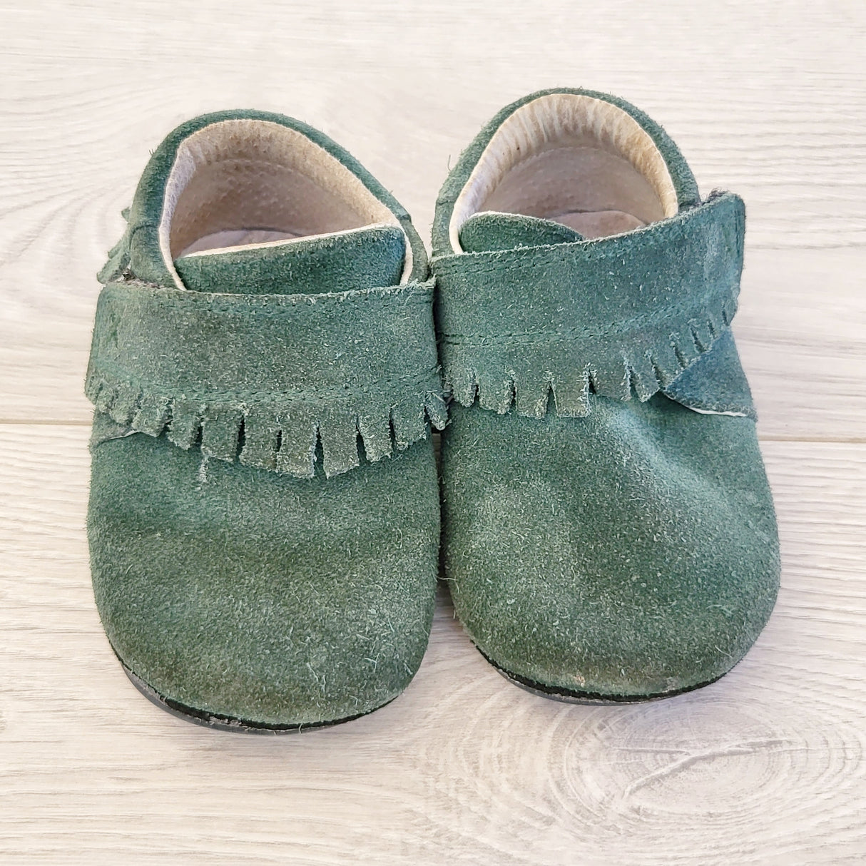 HCRW1 - Jack and Lily green suede hard soled shoes. Size 18-24 months