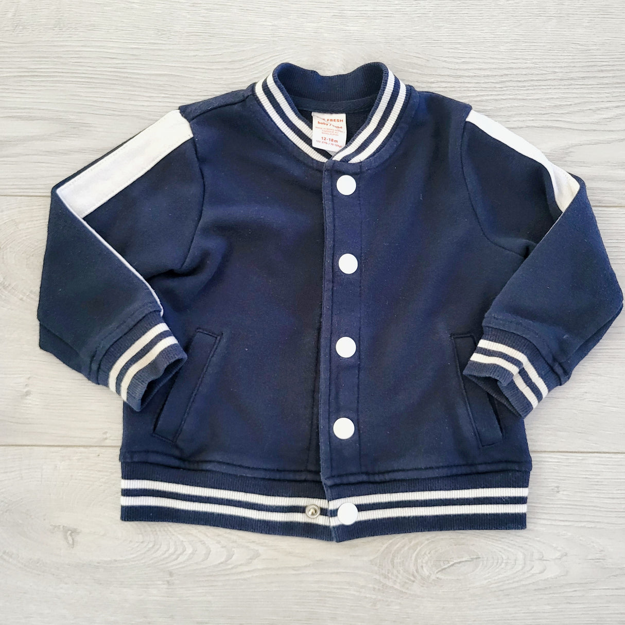 HCRW1 - Joe navy cotton varsity style jacket with snap buttons. Size 12-18 months