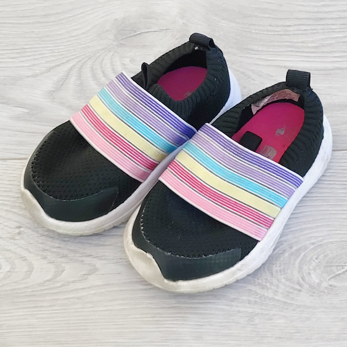 EHRS2 - Ahtletic Works slip on shoes with rainbow stripes. Size 5