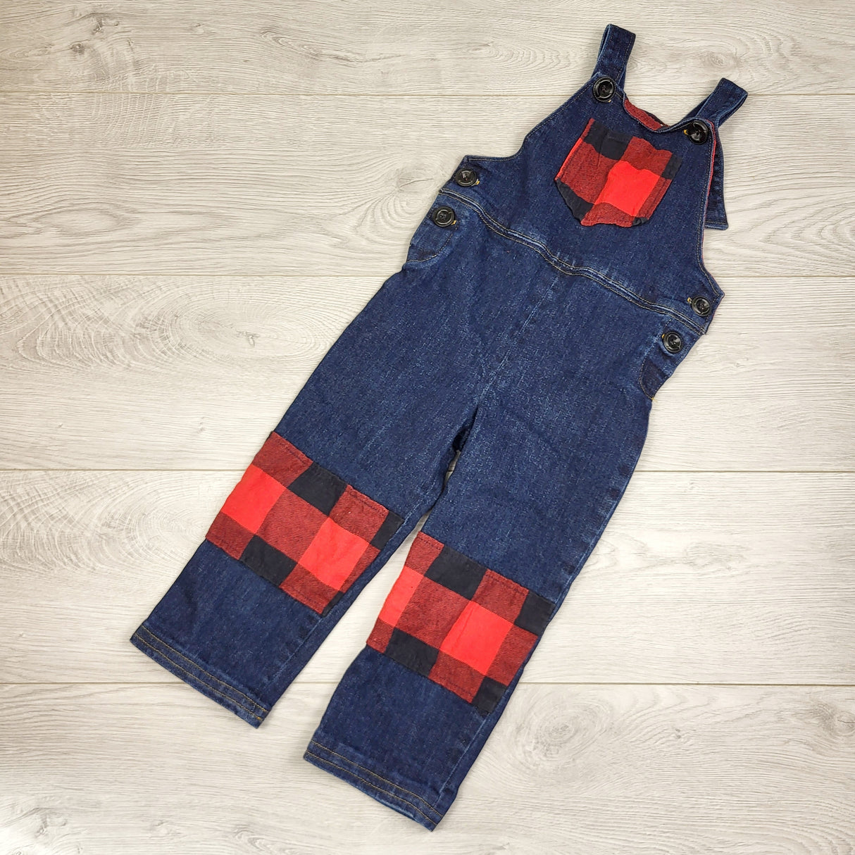 JLMB2 - Handmade denim overalls with plaid accents. Sizes like a 3T