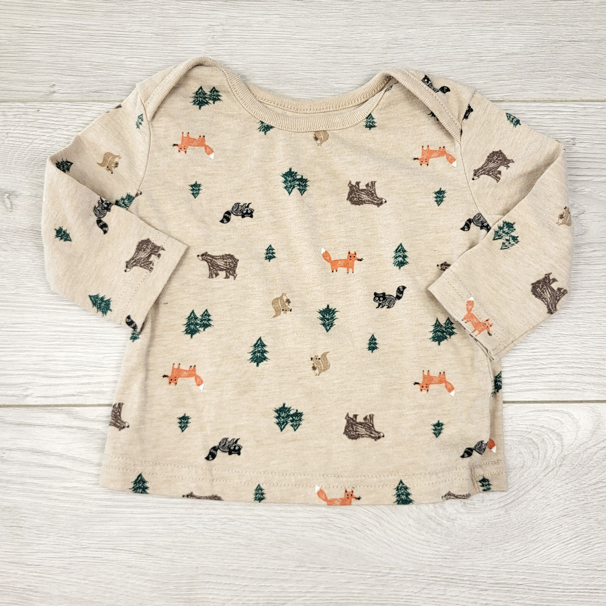 AALD11 - George beige long sleeved top with woodland animals. Size 0-3 months