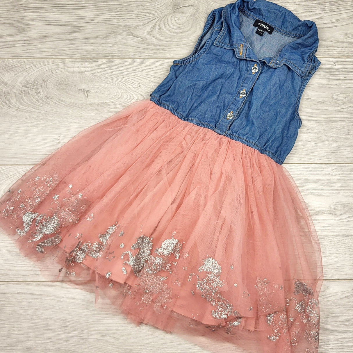 KLAR1 - Zunie denim look dress with tulle unicorn skirting. Size 5T