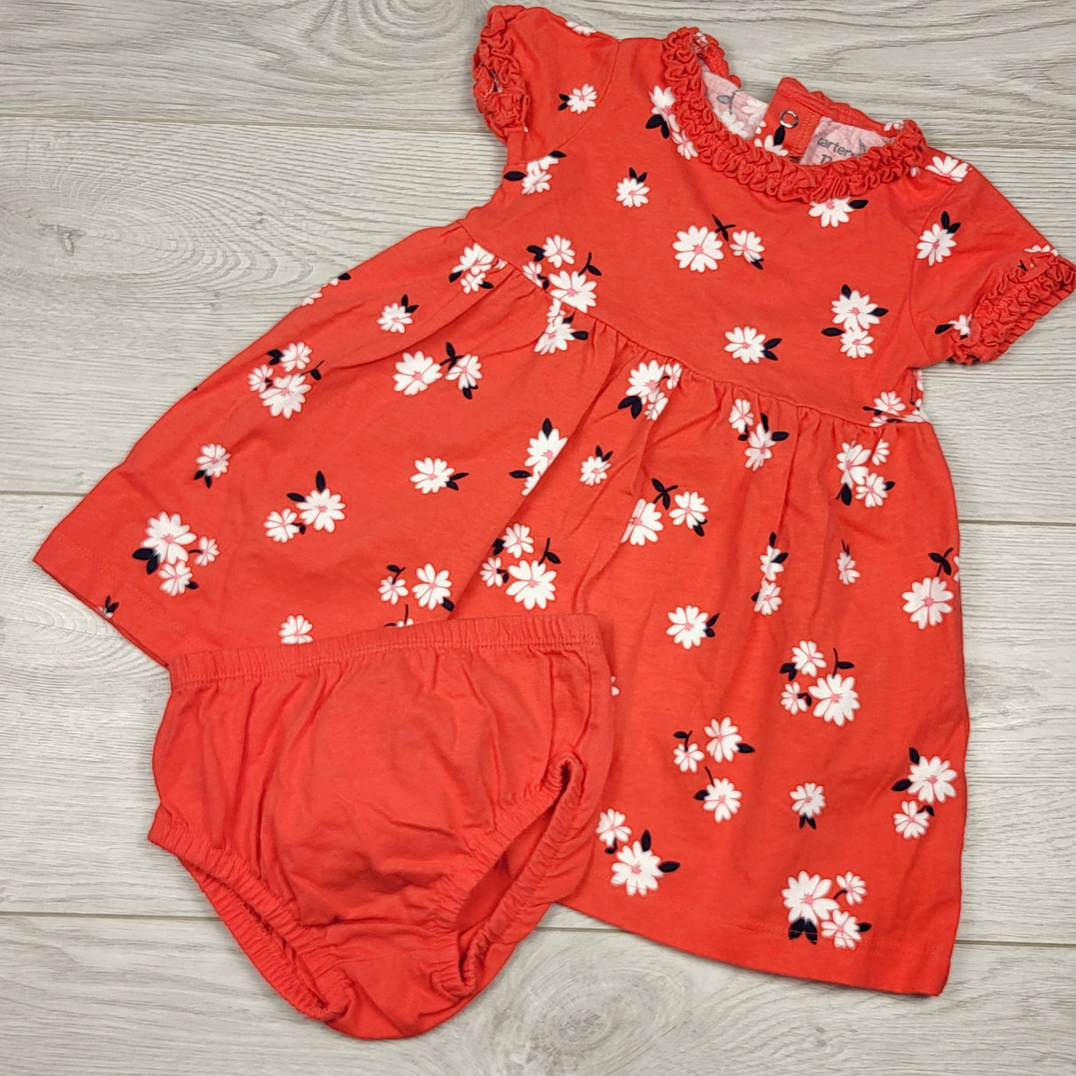 MBLK1 - Carters red floral print dress with diaper cover. Size 12 months