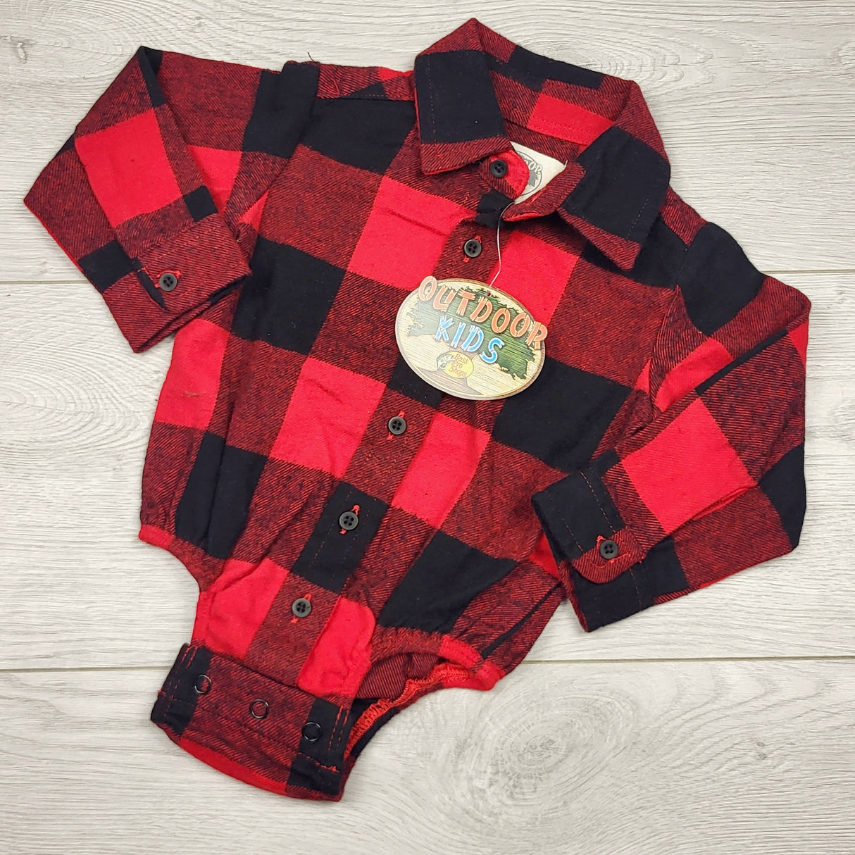 MBLK11 - NEW - Outdoor Kids buffalo plaid flannel button down bodysuit. Size 6-9 months