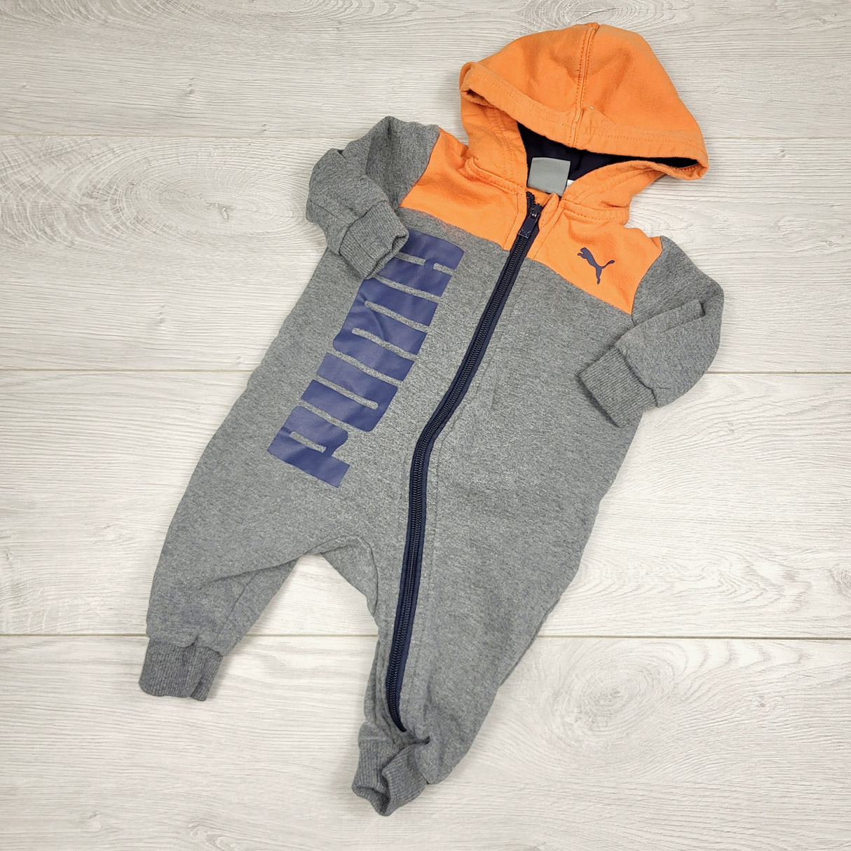 CCAM3 - Puma grey and orange hooded sweatshirt romper. Size 0-3 months