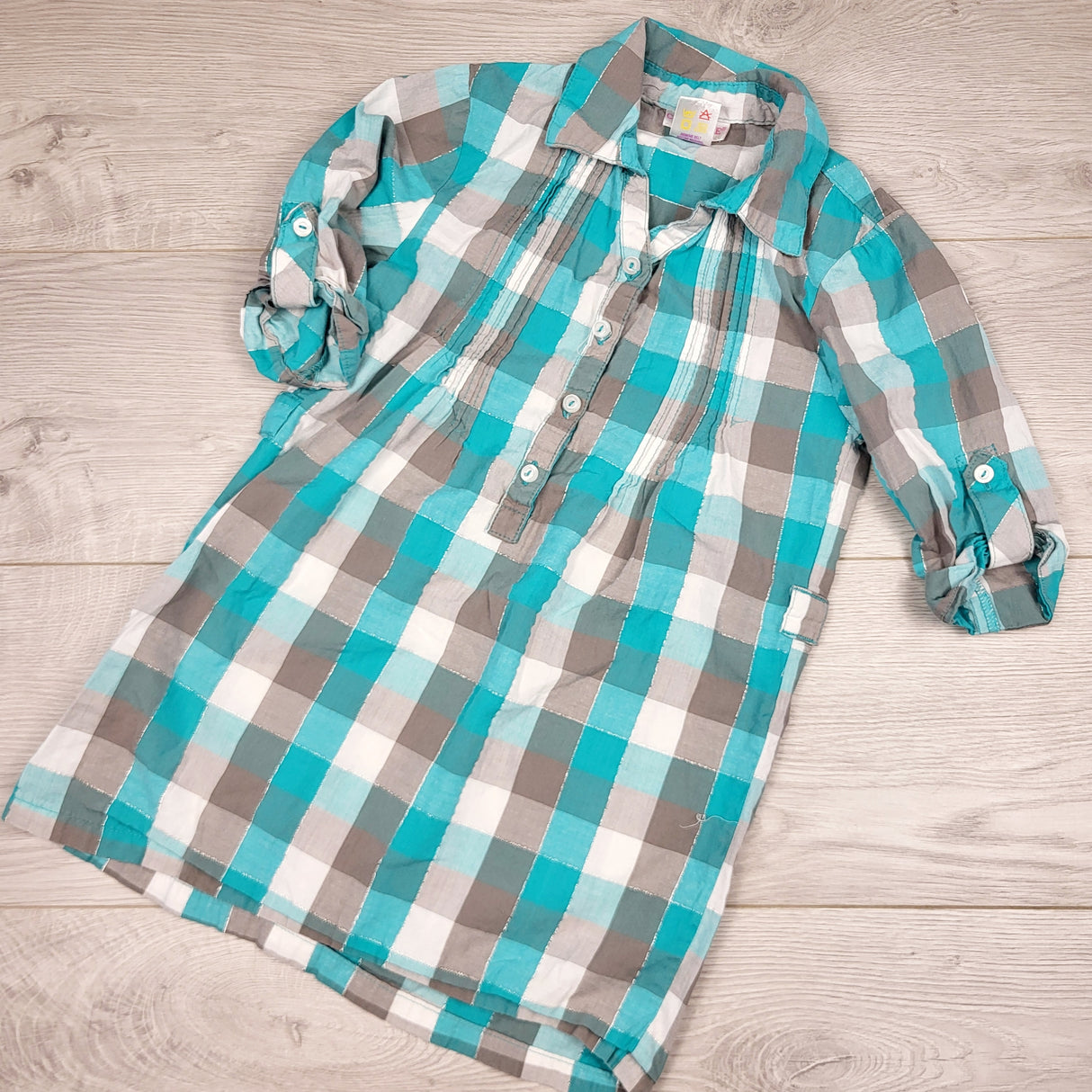 SPLT2 - Cherokee turquoise and grey plaid dress. Size 7