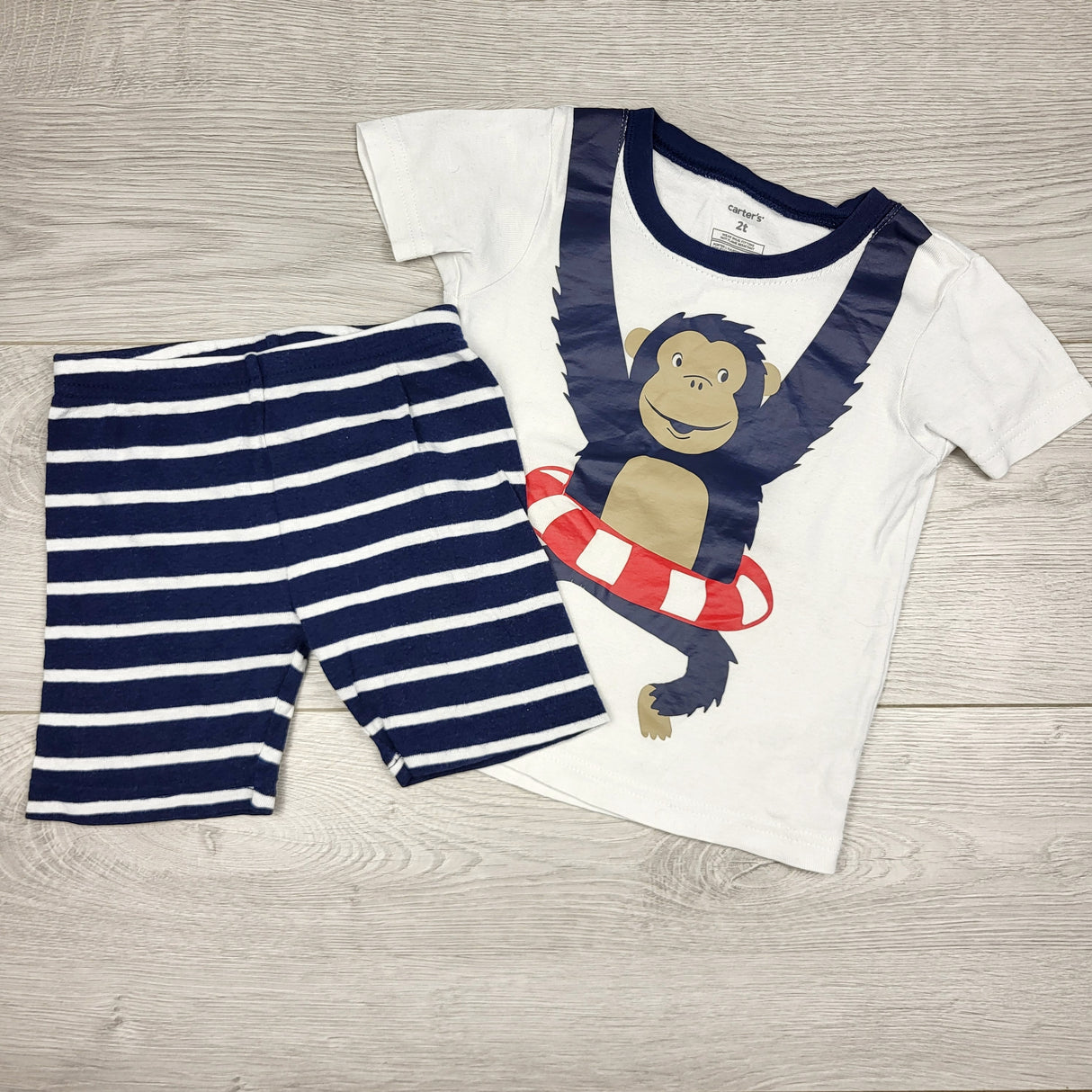 RBEN1 - Carters white and navy 2pc cotton PJs with ape. Size 2T