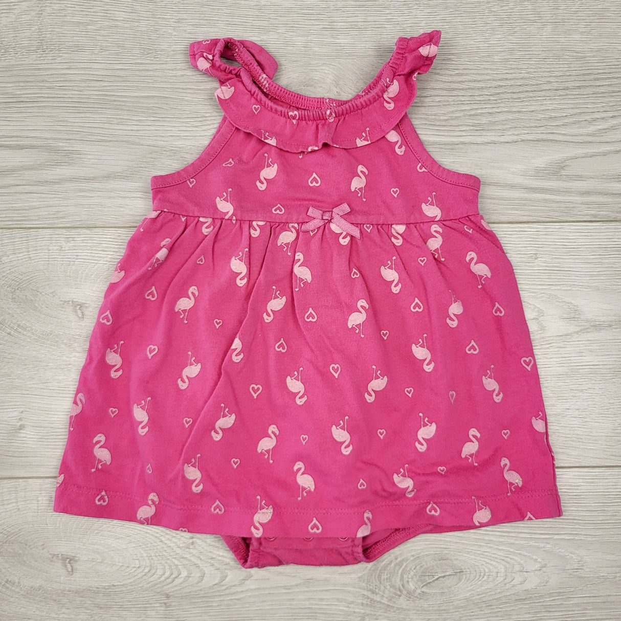 CTWN1 - George pink onesie dress with flamingos. Size 12-18 months