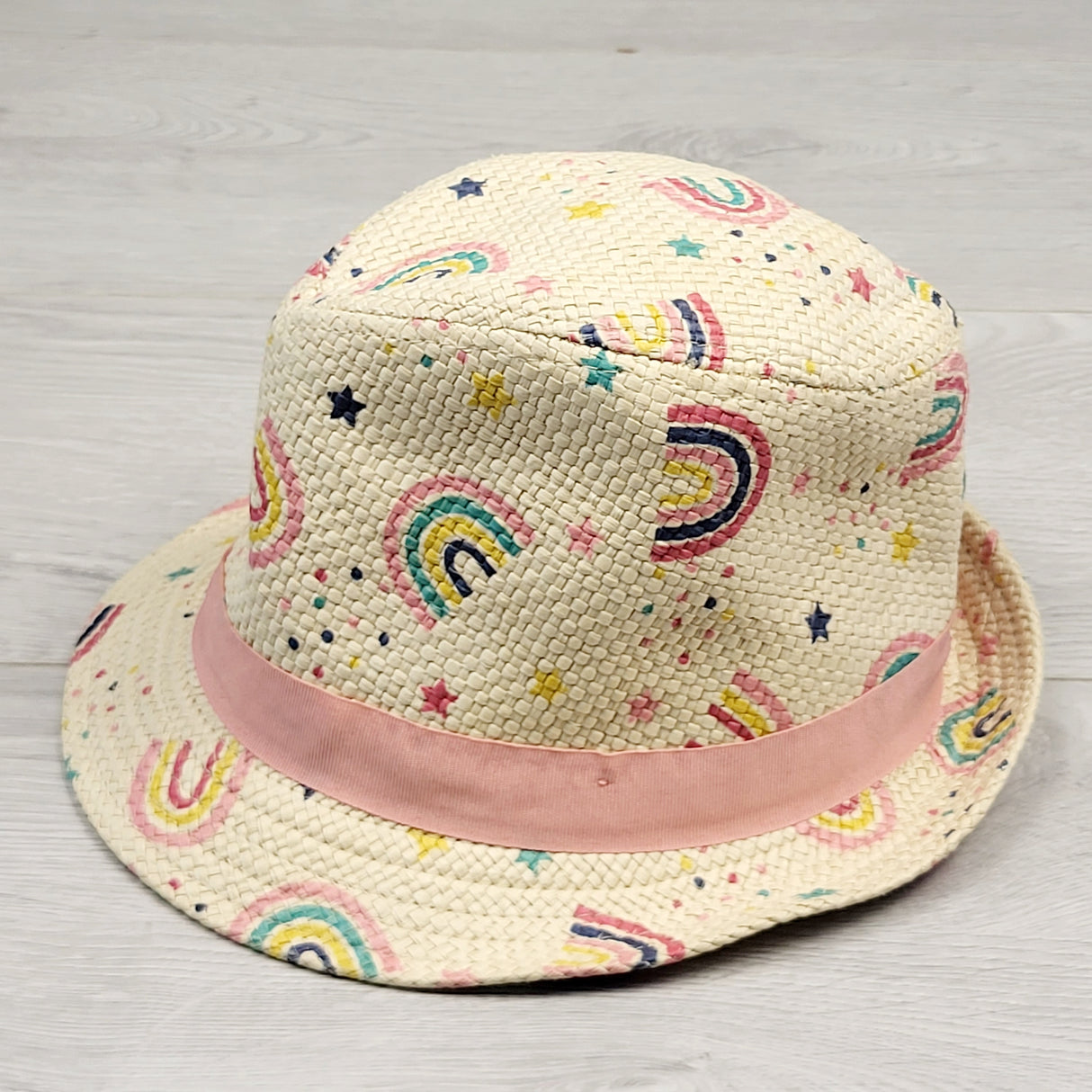 LHEP1 - Mountain Warehouse straw fedora with rainbows. Size medium (toddler sized)