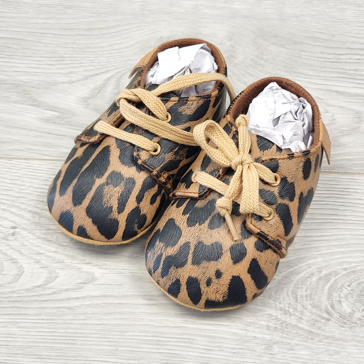 MBLK2 - Leopard print soft soled shoes with laces. Infant size 2