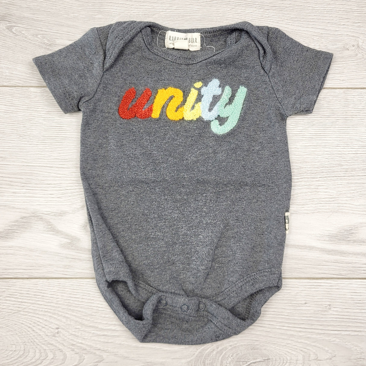 CCAM6 - Rabbit + Bear grey "Unity" bodysuit with chenille writing. Size 3-6 months