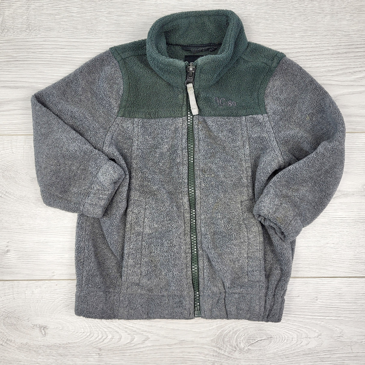 PRCH1 - Children's Place grey and green zip up fleece jacket. Size 18 months