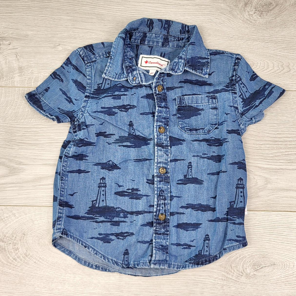 PRCH1 - Canadiana denim button down shirt with lighthouses. Size 2T