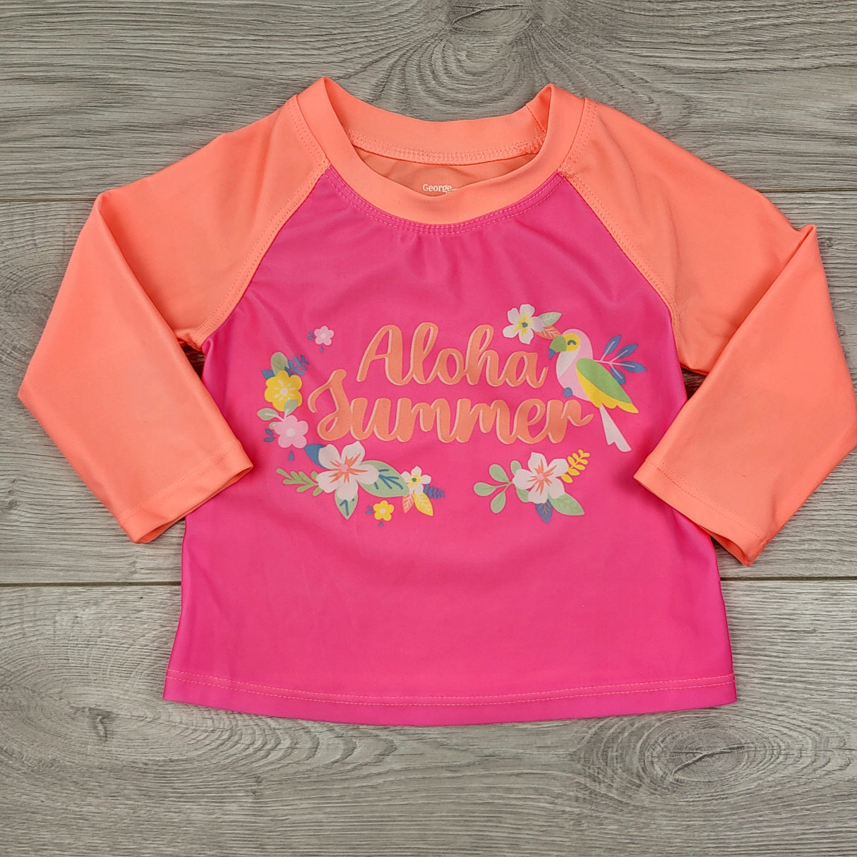 CTWN3 - George pink and coral "Aloha Summer" rash guard. Size 12-18 months