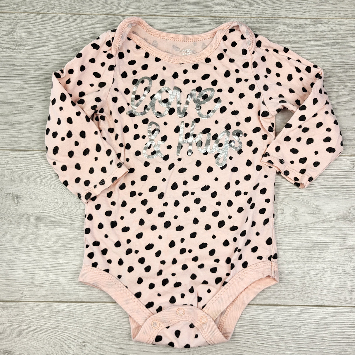 CTWN3 - George pink and black "Love and Hugs" bodysuit. Size 12-18 months