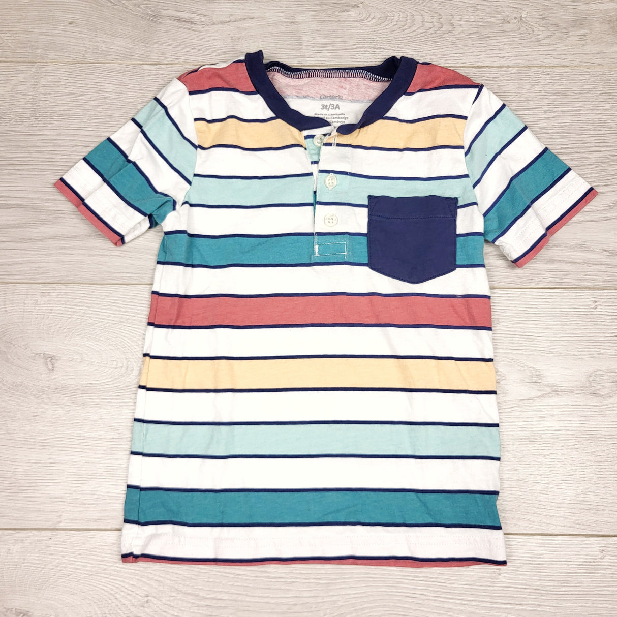 MRSH1 - Carters multi-striped pocket t-shirt. Size 3T