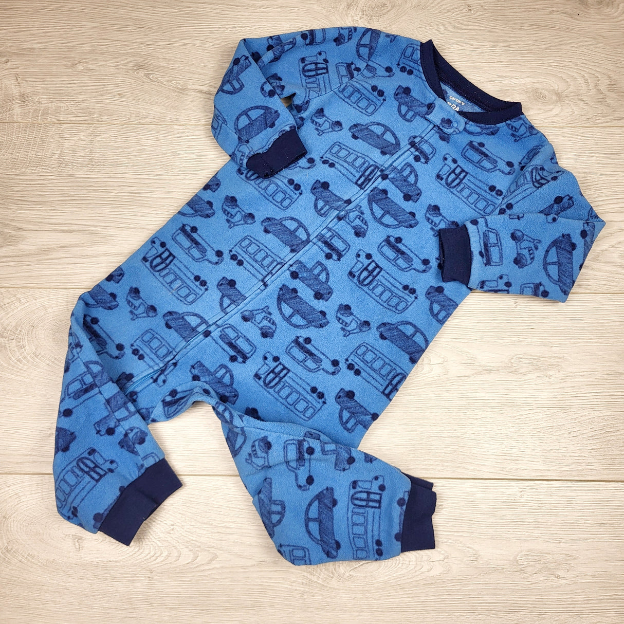 MRSH1 - Carters blue zippered fleece sleeper with cars. Size 2T