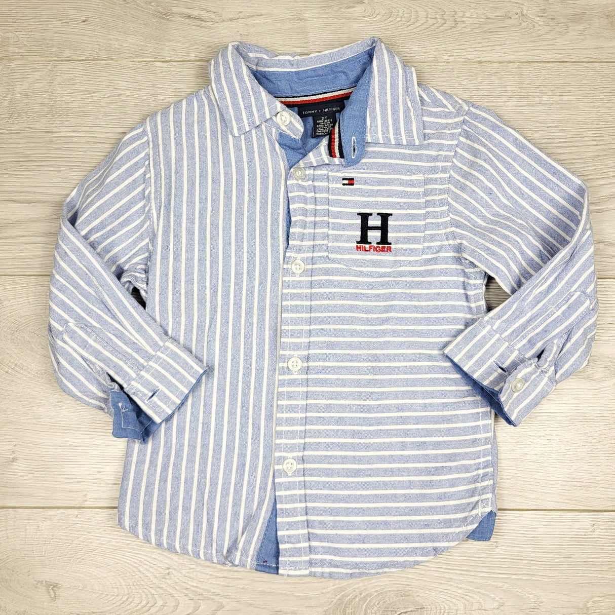 AWAT1 - Tommy Hilfiger blue striped button down shirt. Size 2T