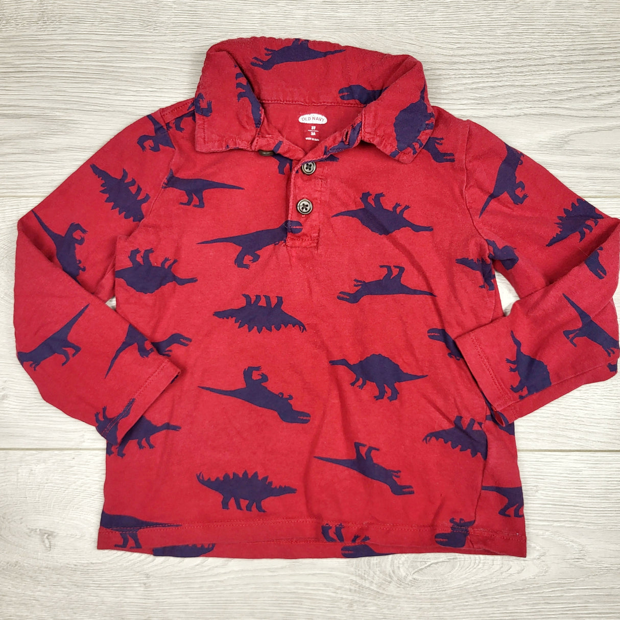 AWAT1 - Old Navy red collared long sleeved dinosaur top. Size 3T