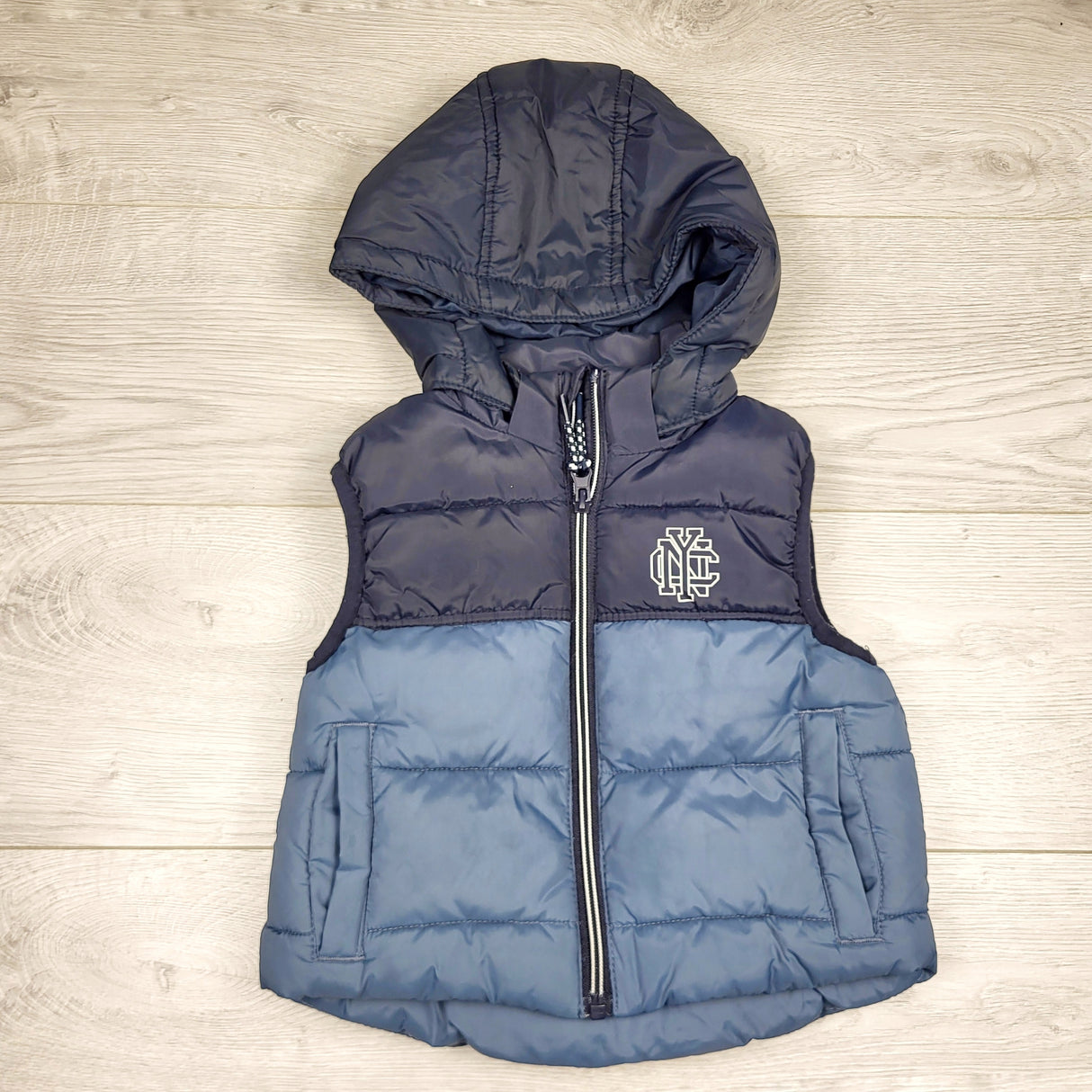 AWAT1 - H and M two-tone blue hooded puffer vest. Size 18-24 months