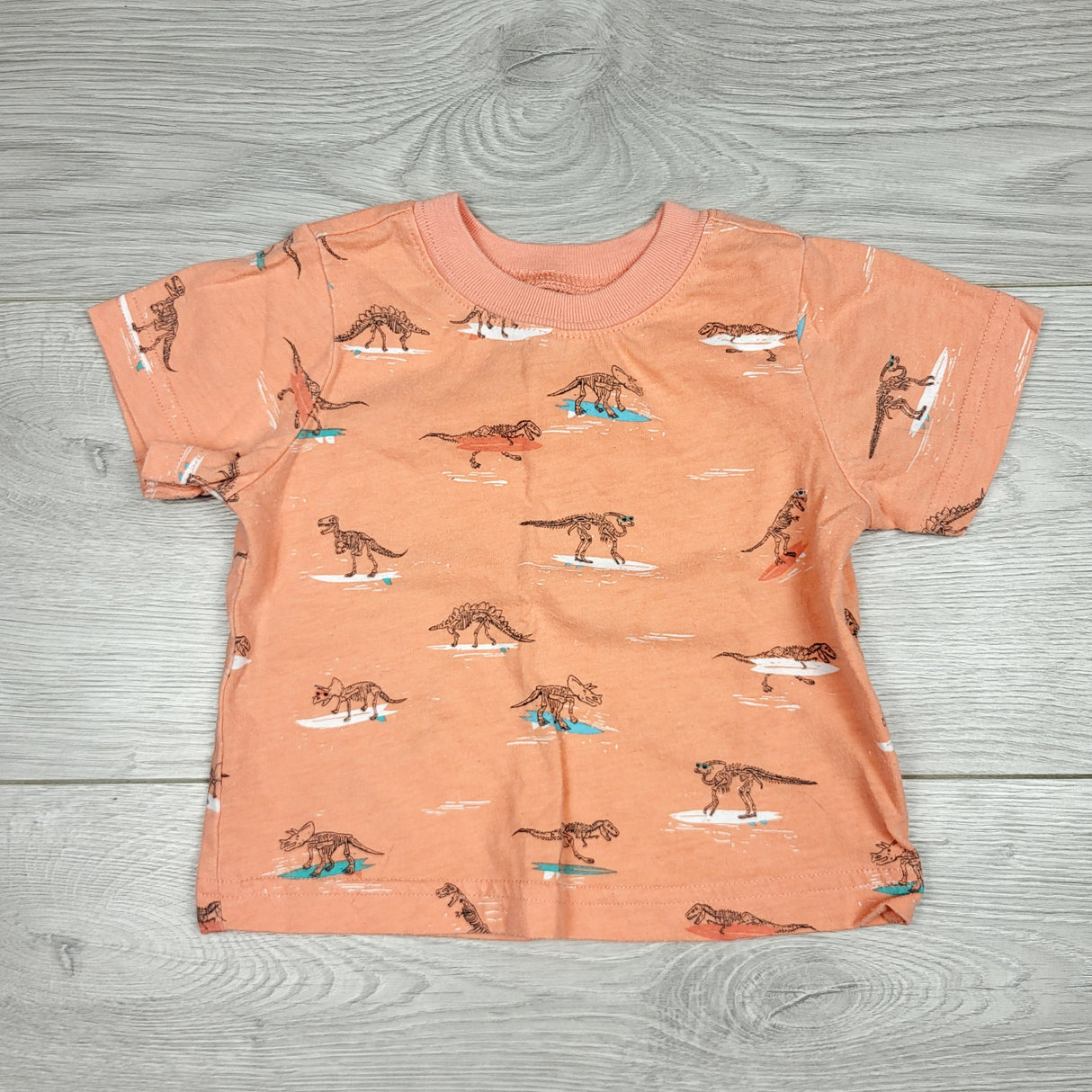 PRCH2 - Children's Place salmon coloured t-shirt with dinosaurs. Size 9-12 months