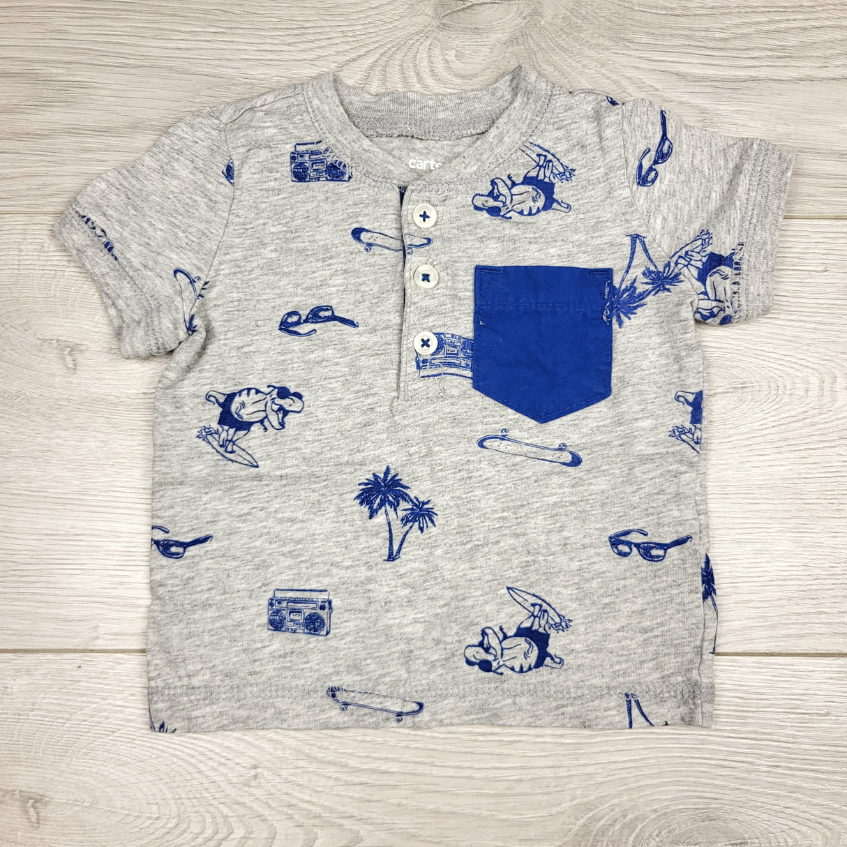 PRCH2 - Carters grey pocket t-shirt with beach theme. Size 6 months