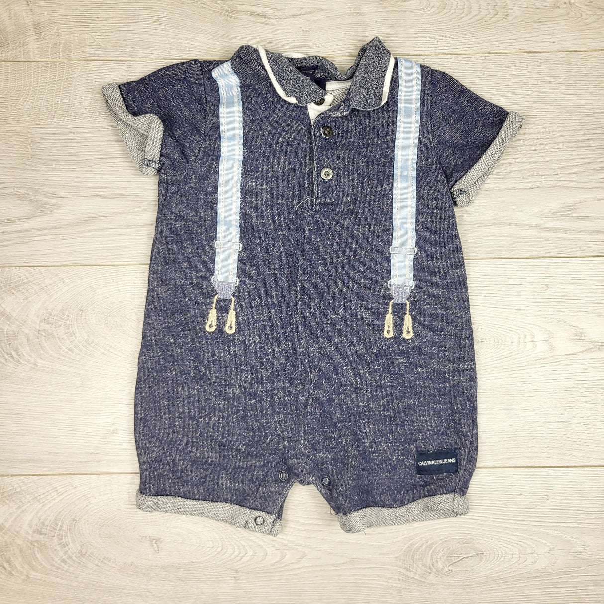 PRCH2 - Calvin Klein sweatshirt romper with suspenders. Size 12 months