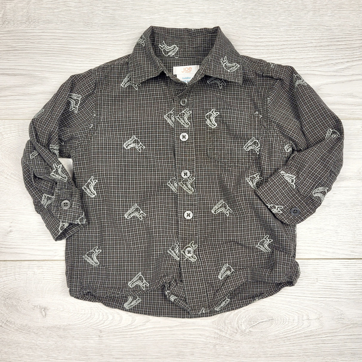 ADMX1 - Joe grey button down shirt with ice skates. Size 2T