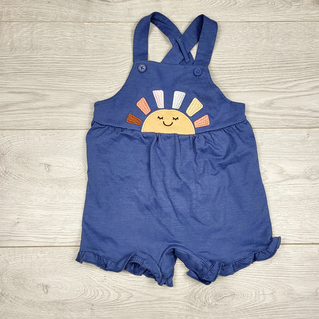 ADMX1 - Pekkle blue cotton shortalls with sun. Size 12 months