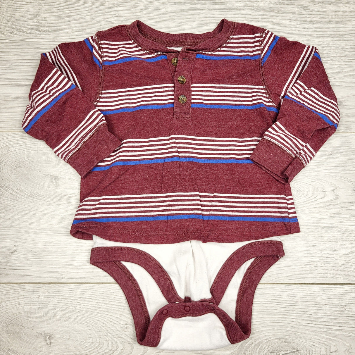 JLSN11- Old Navy burgundy striped top with attached bodysuit. Size 12-18 months