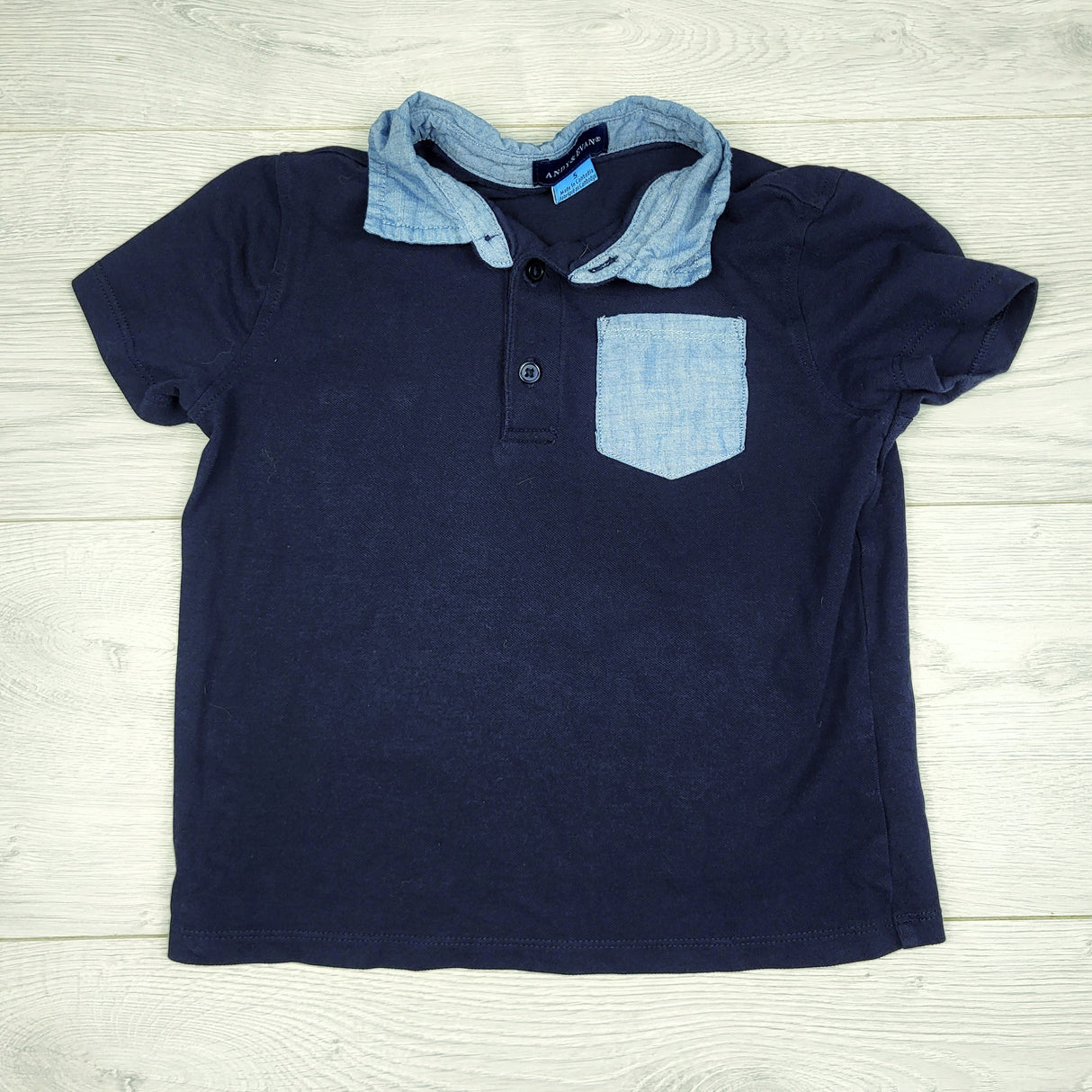 RMAZ1 - Andy and Evan navy collared t-shirt with chambray accents. Size 5T