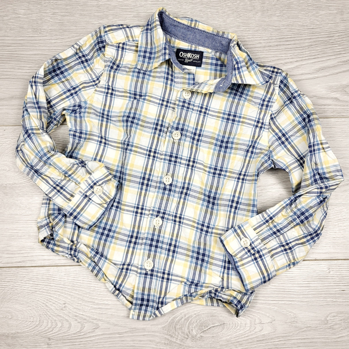 RMAZ1 - Oshkosh yellow and blue plaid button down shirt. Size 3T