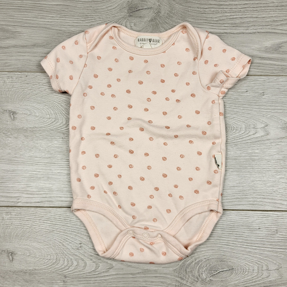 JRSH11 - Rabbit and Bear pink polka dot bodysuit. Size 3-6 months