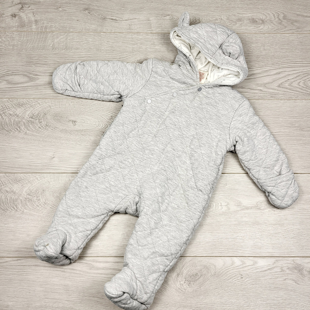 STMA1 - First wish grey quilted cotton bunting suit. Size 3-6 months