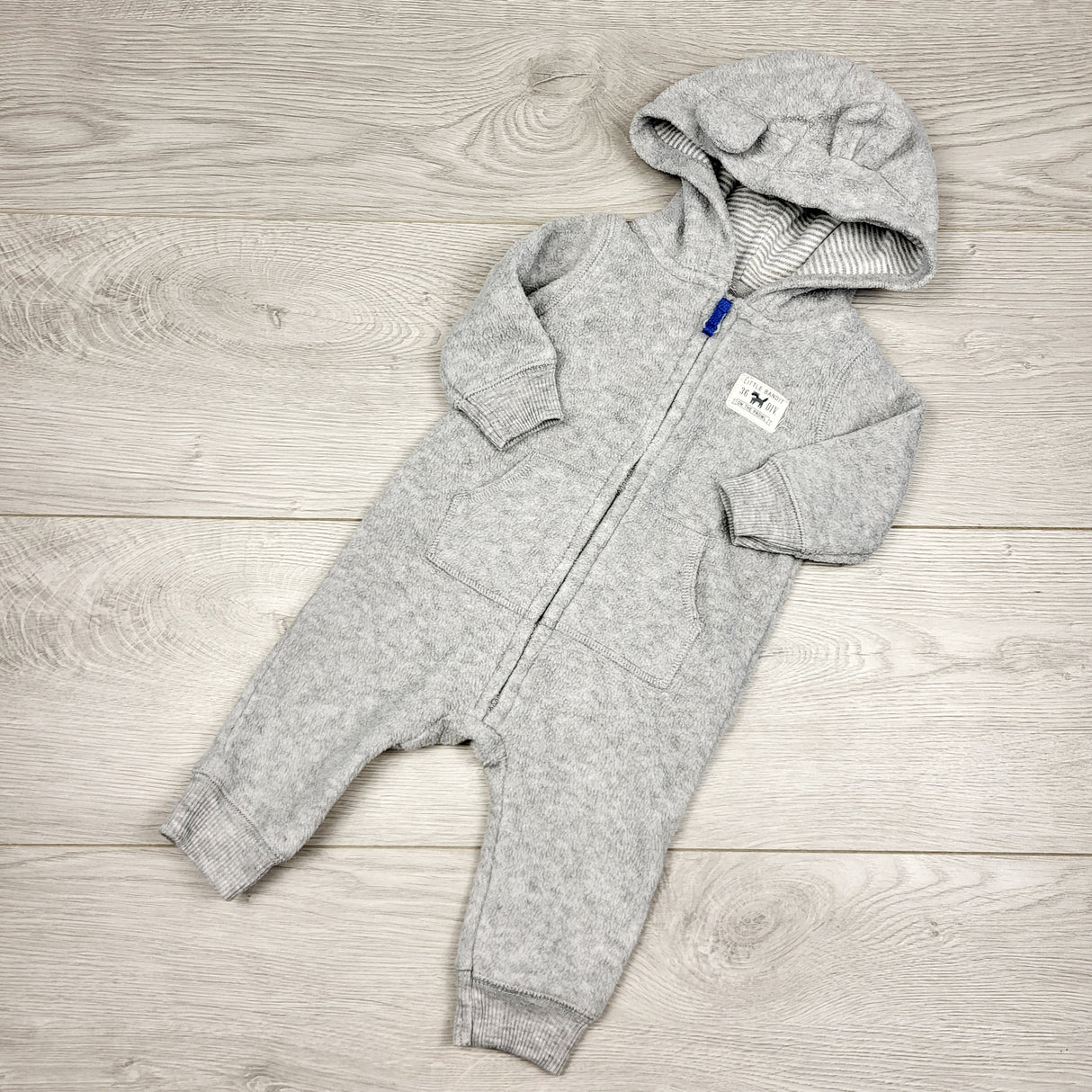 STMA1 - Carters grey fleece hooded romper. Size 3 months