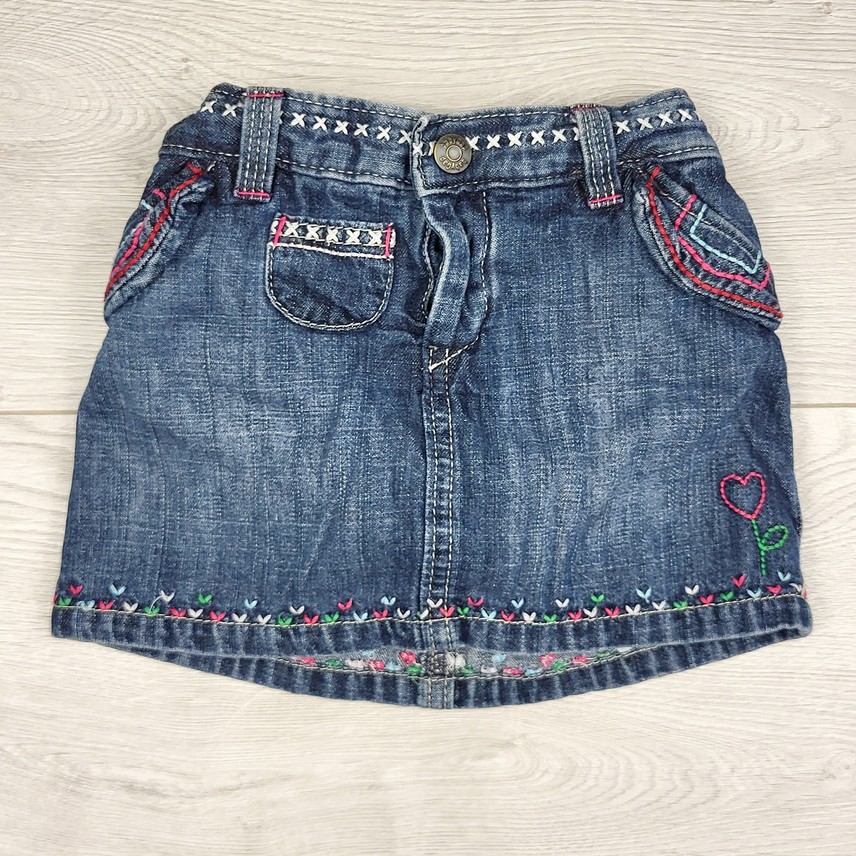 BBIN1 - Gap denim skirt with embroidery with built in diaper cover. 12-18 months