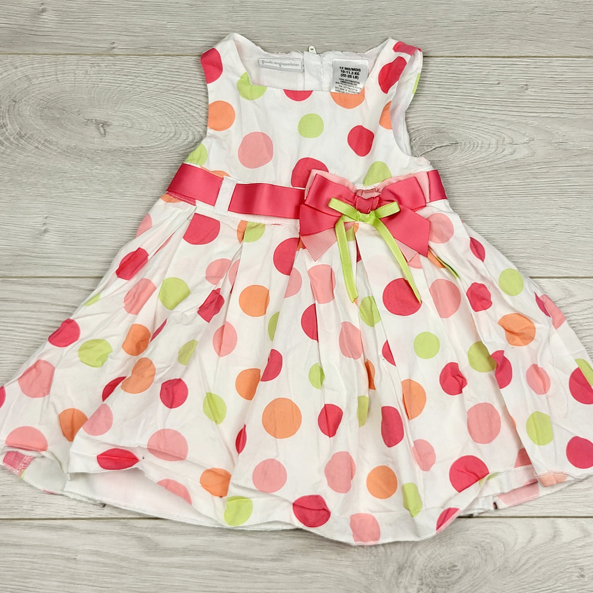 BBIN1 - First Impressions white polka dot special occasion dress. Size 12 months