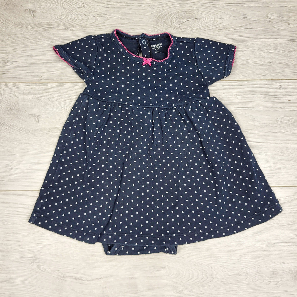 BBIN1 - Carters navy polka dot dress with attached bodysuit. Size 9 months