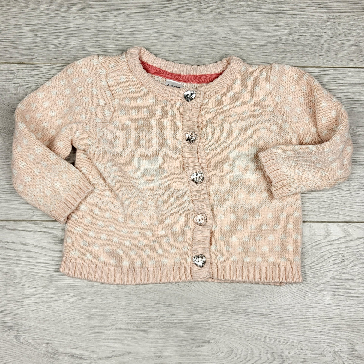 BBIN1- George pink and white cardigan sweater with heart buttons. Size 6-12 months