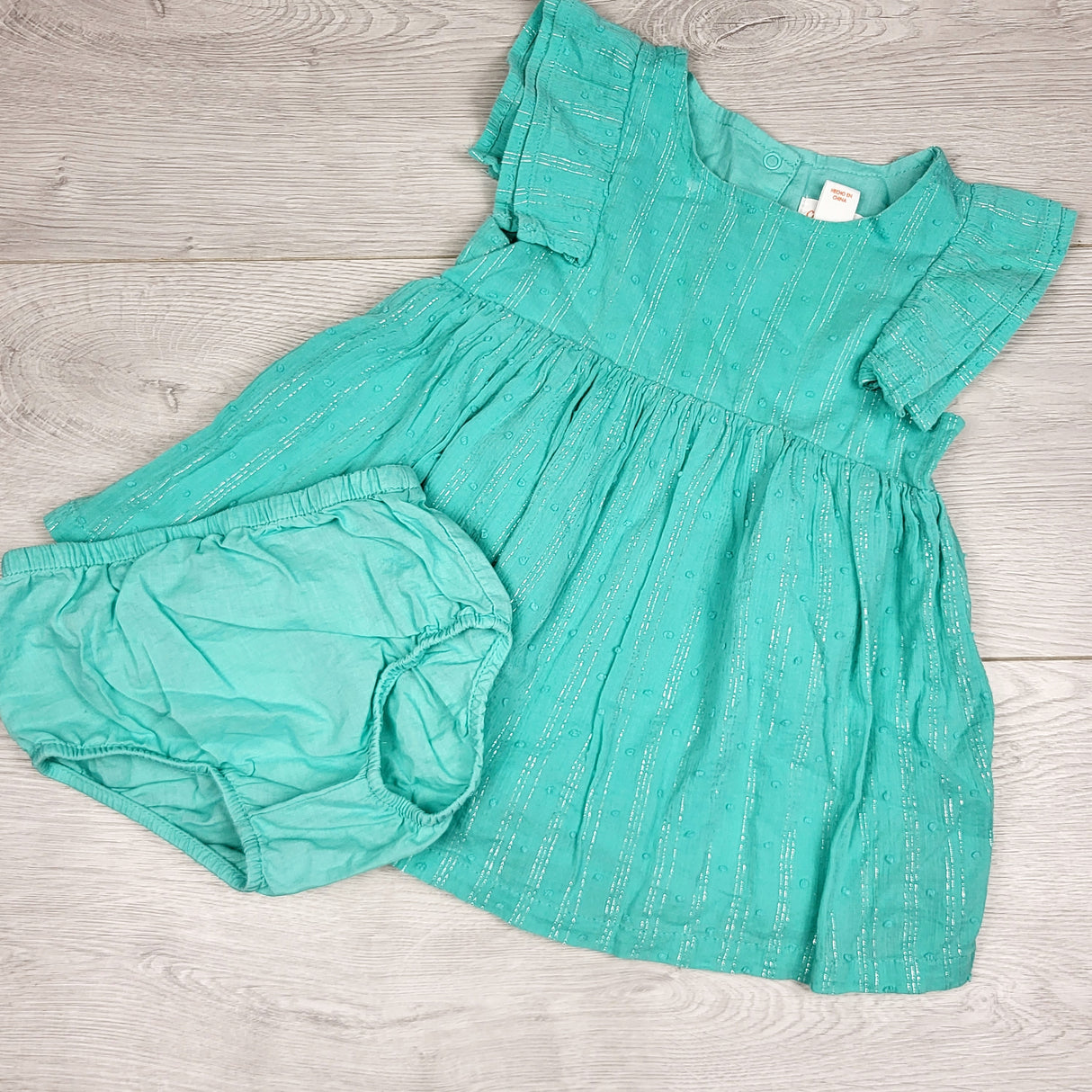 BBIN11 - Cat and Jack turquoise dress with silver sparkle threading + diaper cover. 6-9 months