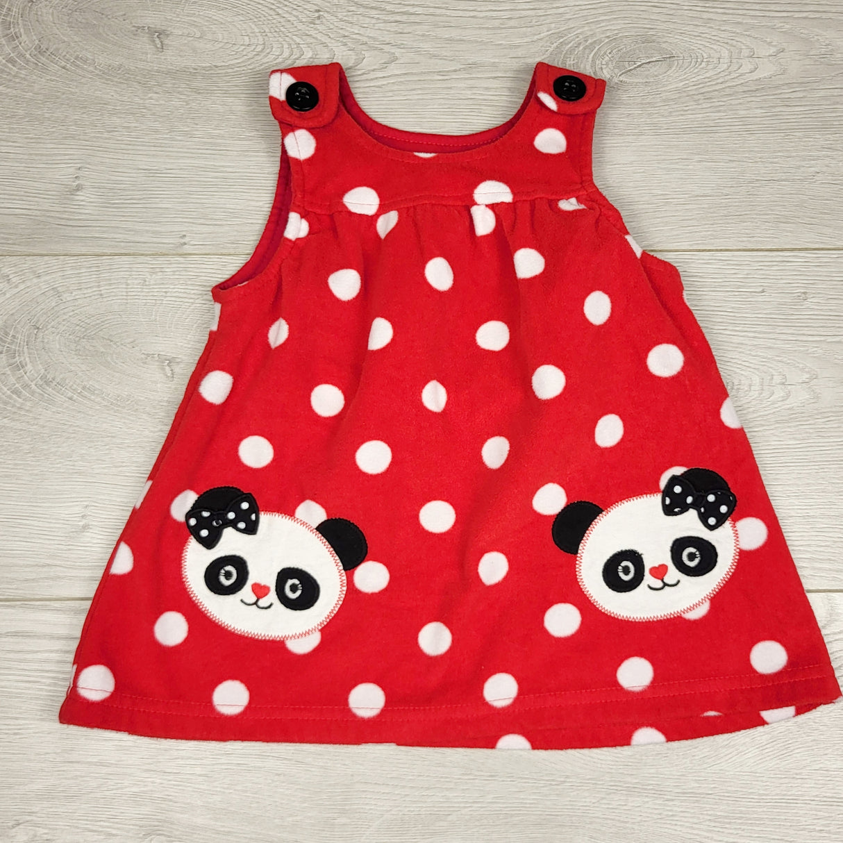 BBIN11 - George red polka dot fleece dress with pandas. Size 6-12 months