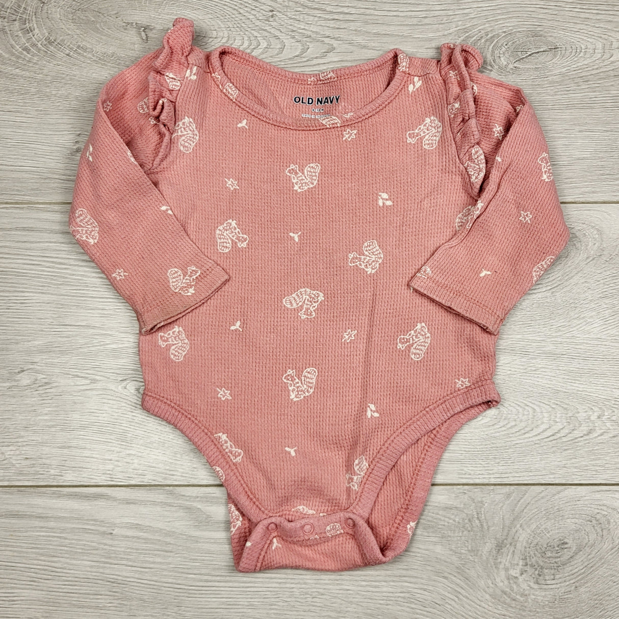 BBIN12 - Old Navy pink waffle knit bodysuit with squirrels. Size 6-12 months