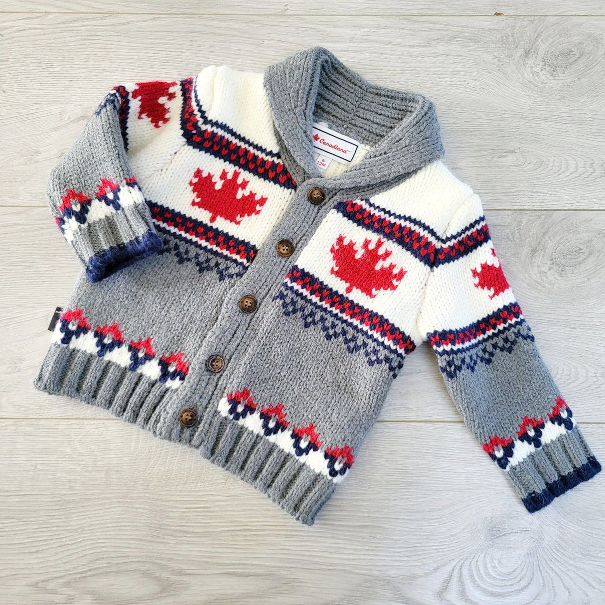 TBOW1 - Canadiana cardigan sweater coat. Size 6-12 months