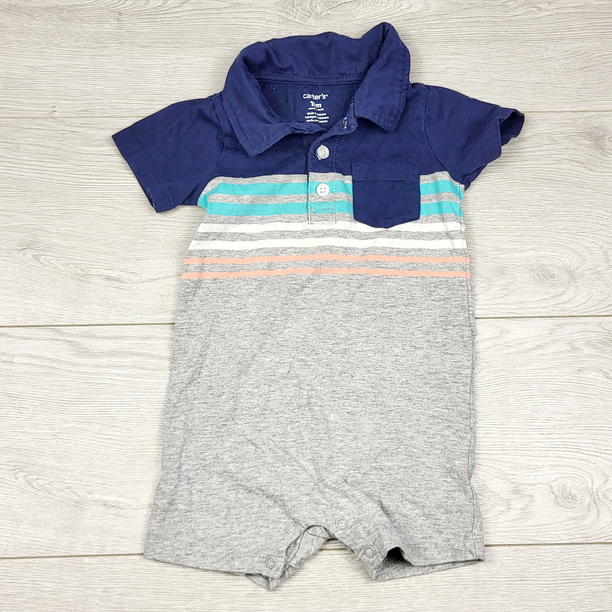 TBOW2 - Carters grey and navy striped collared romper. Size 18 months