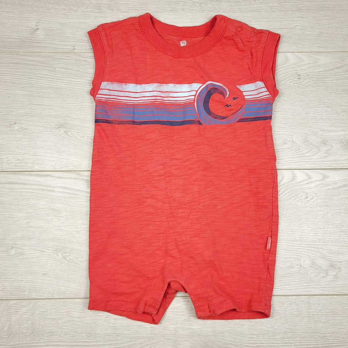 TBOW2 - Gap red distressed cotton romper with wave. Size 12-18 months